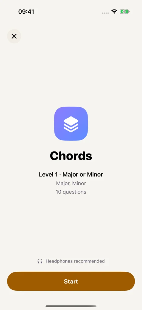 Chords drill preview: Review the level and question count before starting.