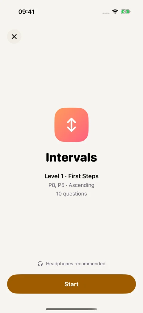 Intervals drill preview: Review the level and question count before starting.