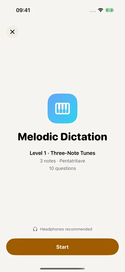 Melodic dictation drill preview: Review the level and question count before starting.