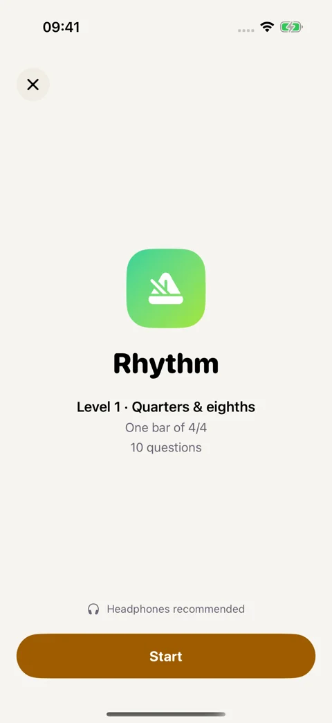 Rhythm drill preview: Review the level and question count before starting.