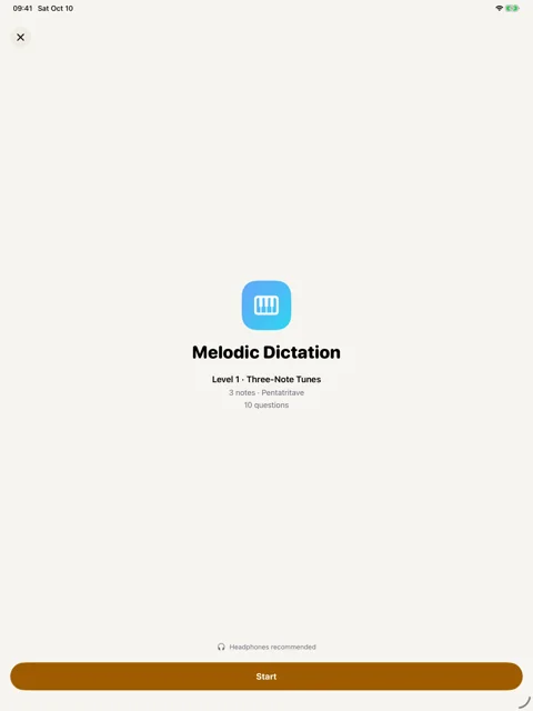 Melodic dictation drill preview · iPad: Review the level and question count before starting.