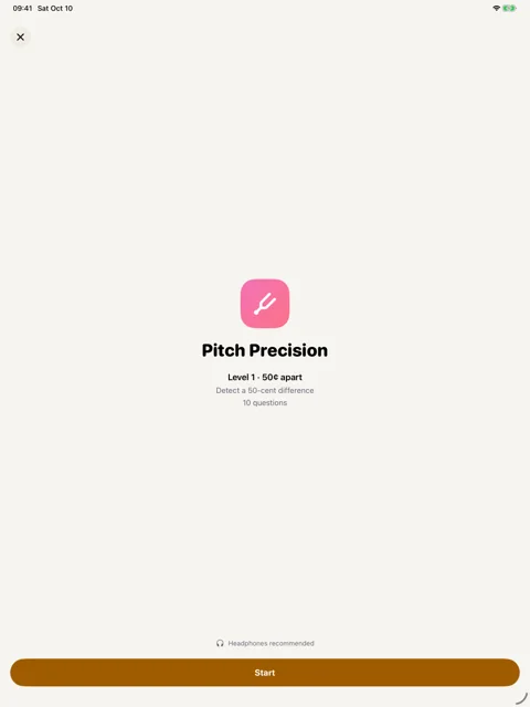 Pitch precision drill preview · iPad: Review the level and question count before starting.
