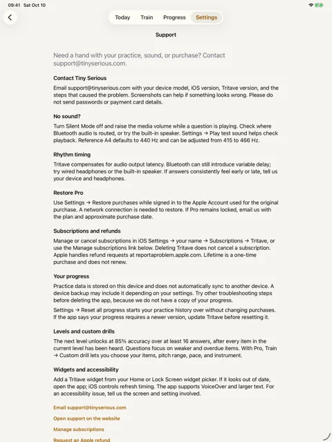 Support, inside the app · iPad: Troubleshooting and a direct email to Tiny Serious.