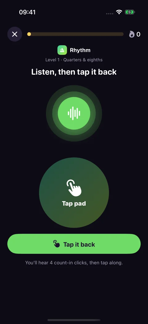 Rhythm tap-back · Dark mode: Listen to the pattern, then tap it back.