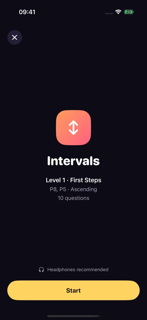 Intervals drill preview · Dark mode: Review the level and question count before starting.