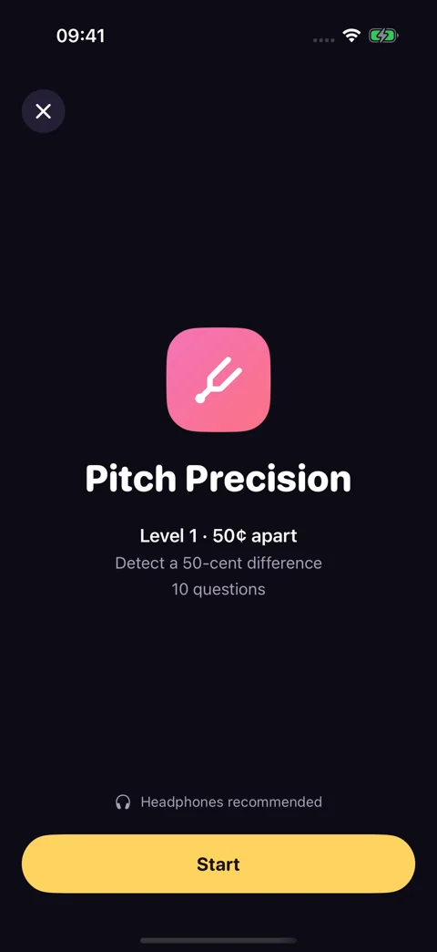 Pitch precision drill preview · Dark mode: Review the level and question count before starting.