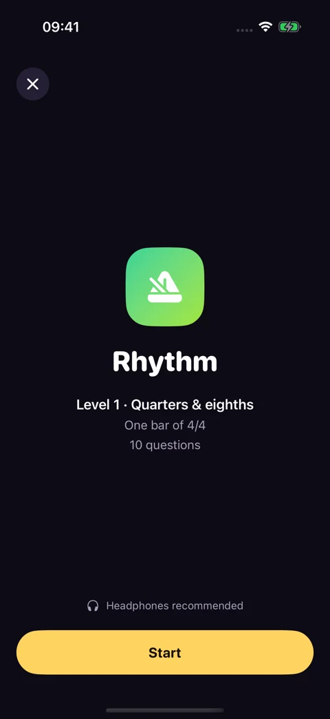 Rhythm drill preview · Dark mode: Review the level and question count before starting.