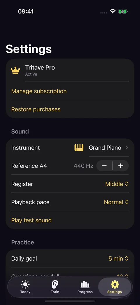 Tune your experience · Dark mode: Sound, reference pitch, register, and playback pace.