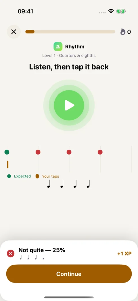 Timing feedback: Review how your taps lined up with the rhythm.