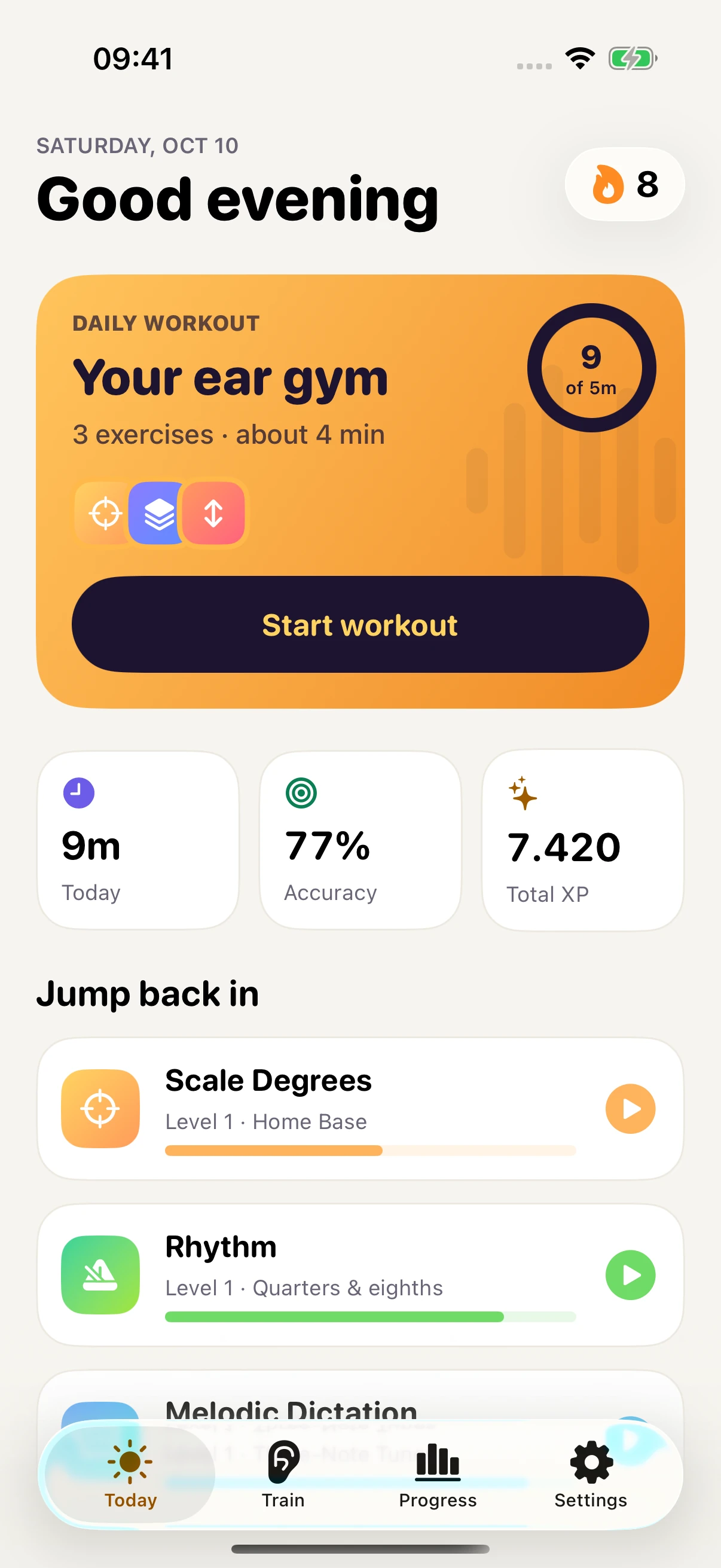 Tritave Today screen with a daily workout, streak, and practice goal